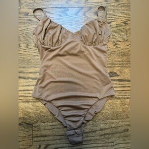 Princess Polly Tan Ruched Snap-Bottom Bodysuit, size 4